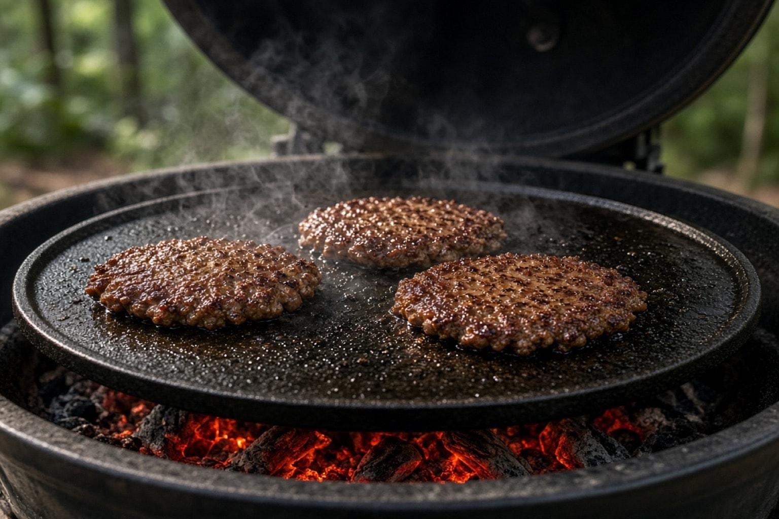 Kamado Sumo rund støbejerns-plancha over kul i kuglegrill