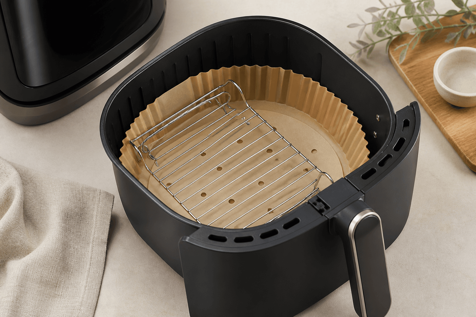 Airfryer-kurv med rist, silikoneform og perforeret papir
