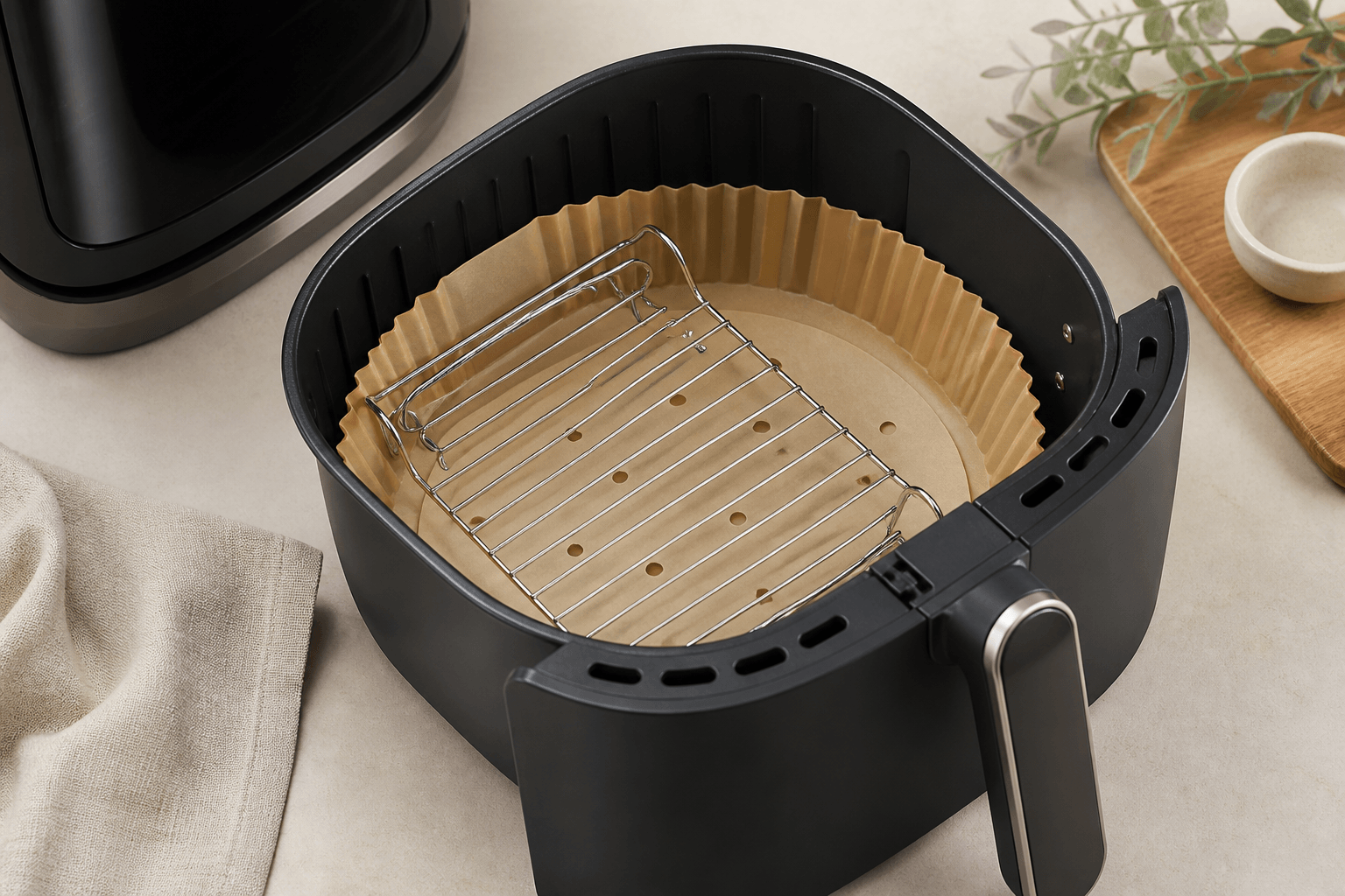 Airfryer-kurv med rist, silikoneform og perforeret papir