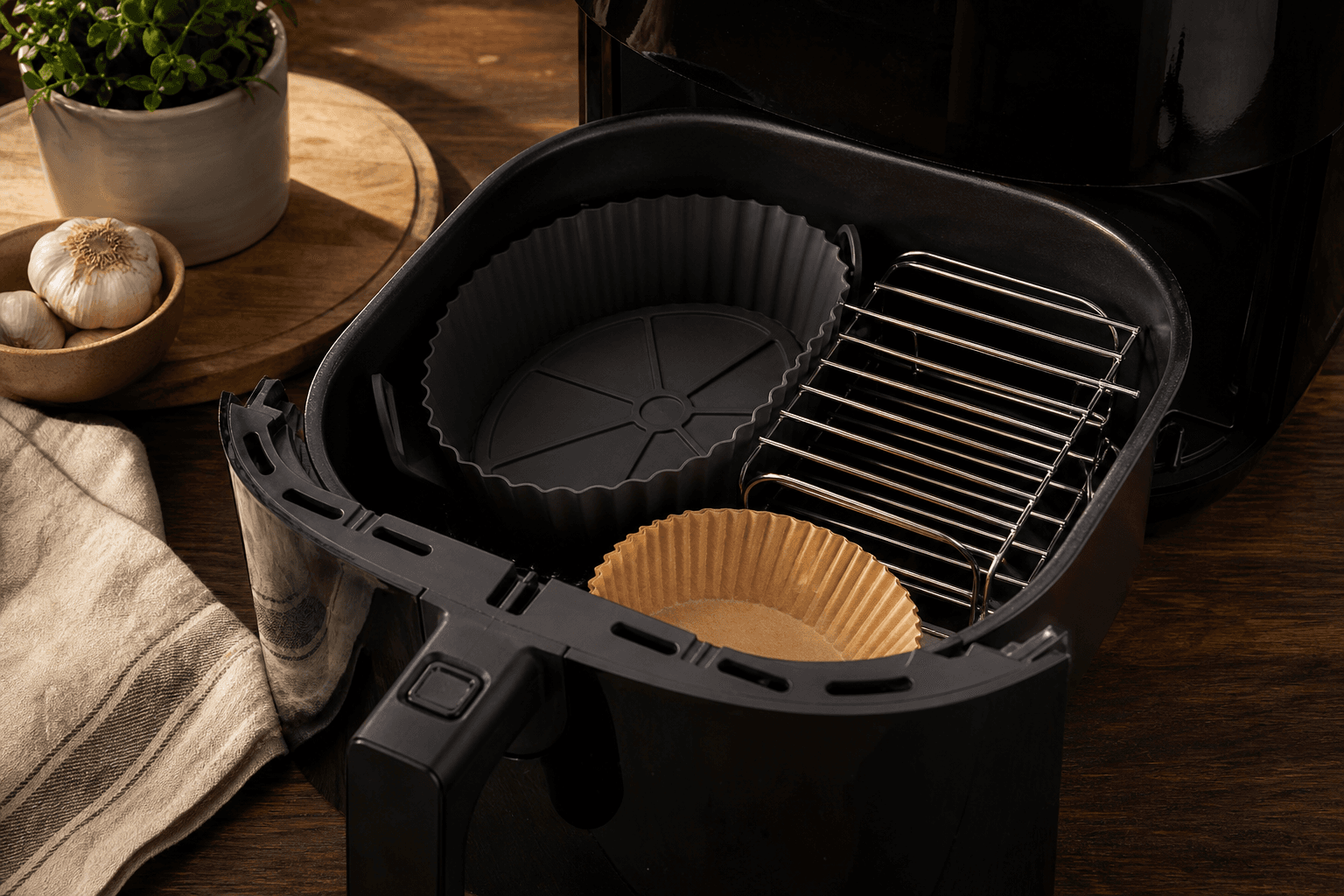 Airfryer-kurv med silikoneform, papir og rist
