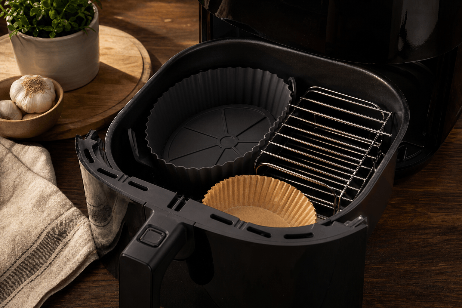 Airfryer-kurv med silikoneform, papir og rist