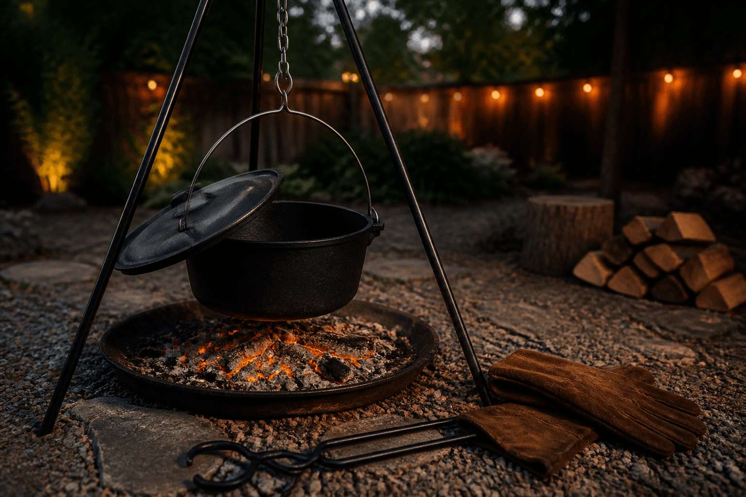 Dutch Oven på trefod over bål med handsker og tang