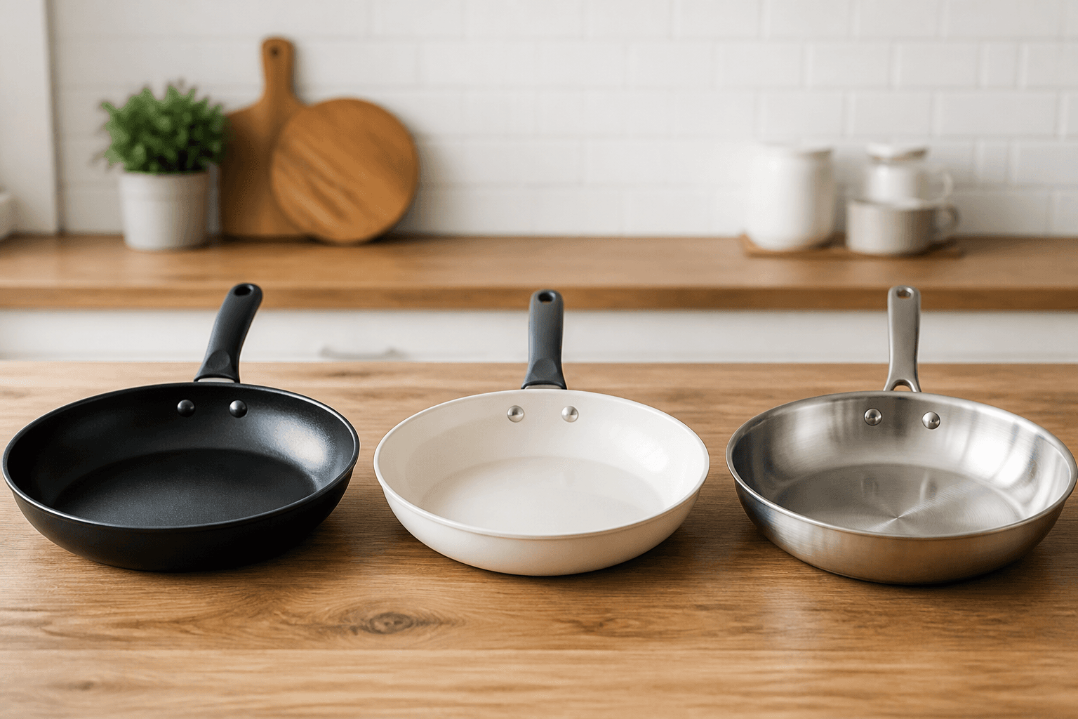 Tre pander: teflon, keramik og rustfrit stål