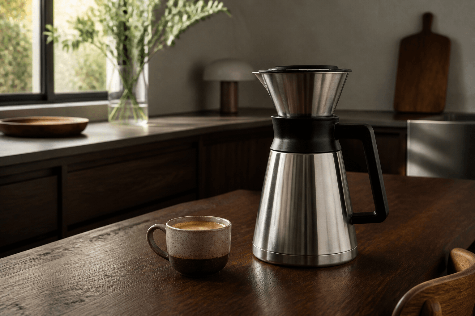 Filterkaffe i kande og espresso i kop på køkkenbord