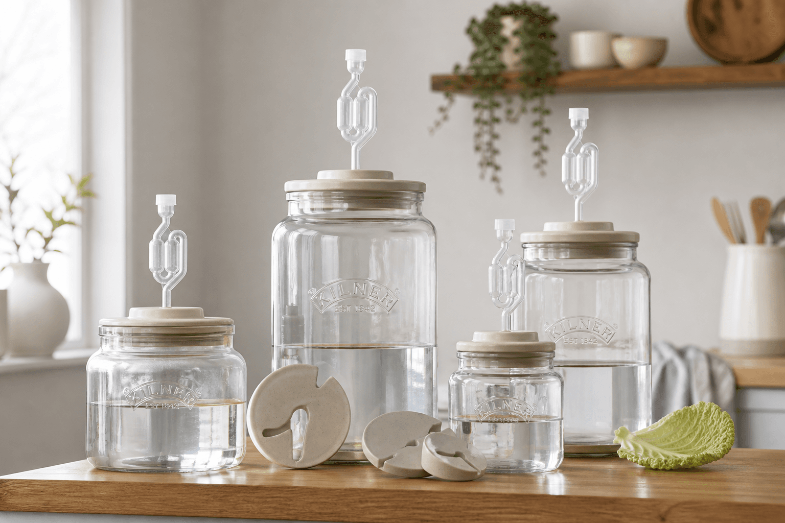 Fermenteringsglas med gærlås på køkkenbord