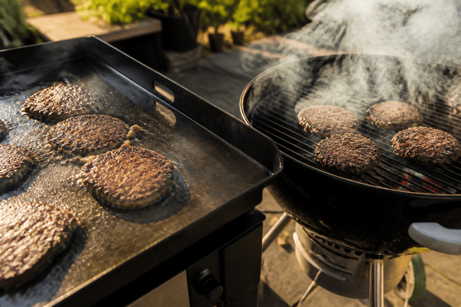 Gas-plancha og kulgrill side om side