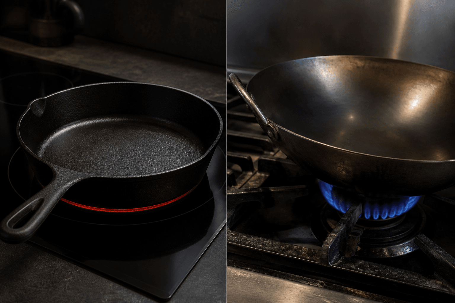 Støbejern på induktion og wok over gasblus