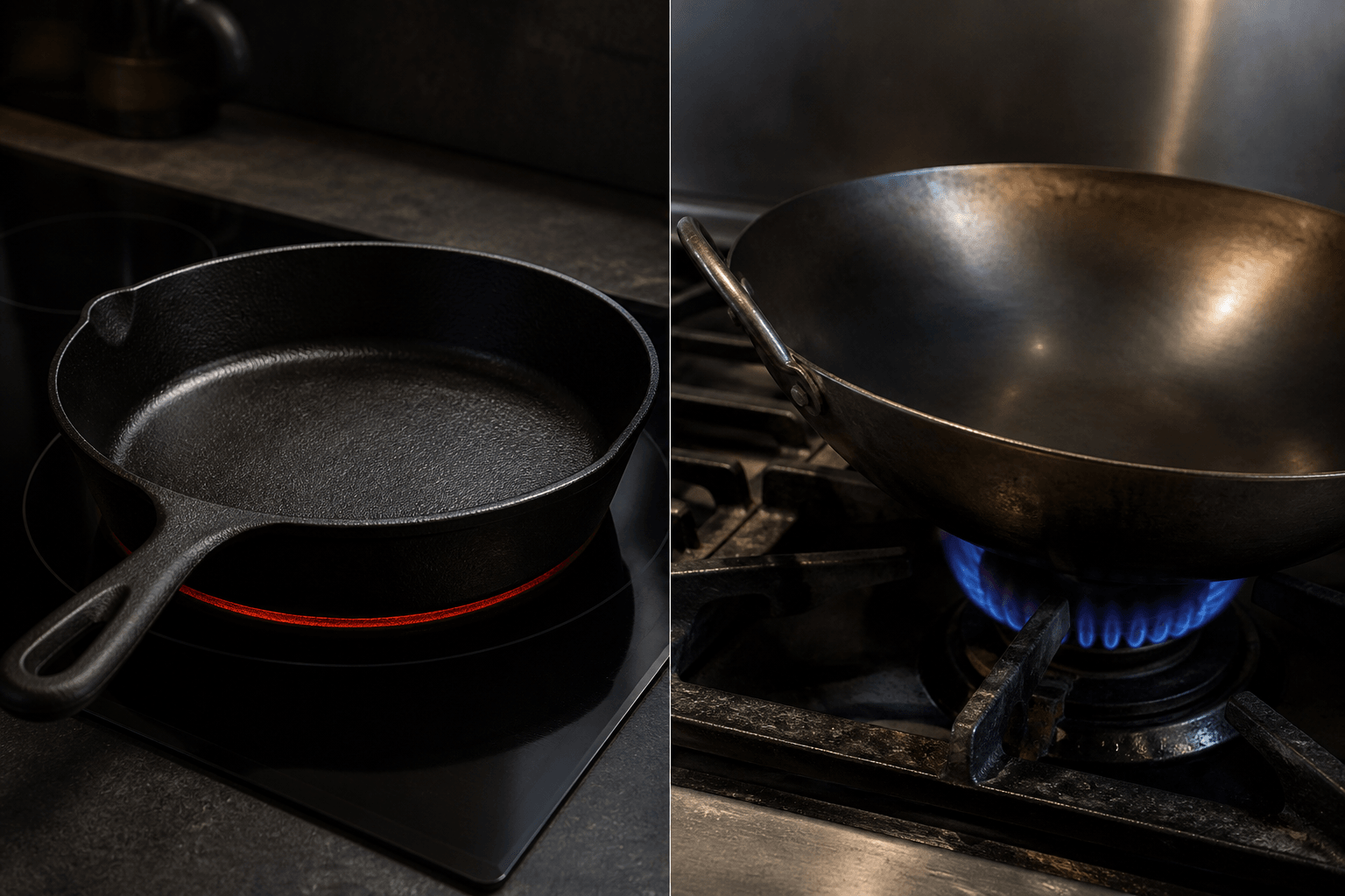 Støbejern på induktion og wok over gasblus