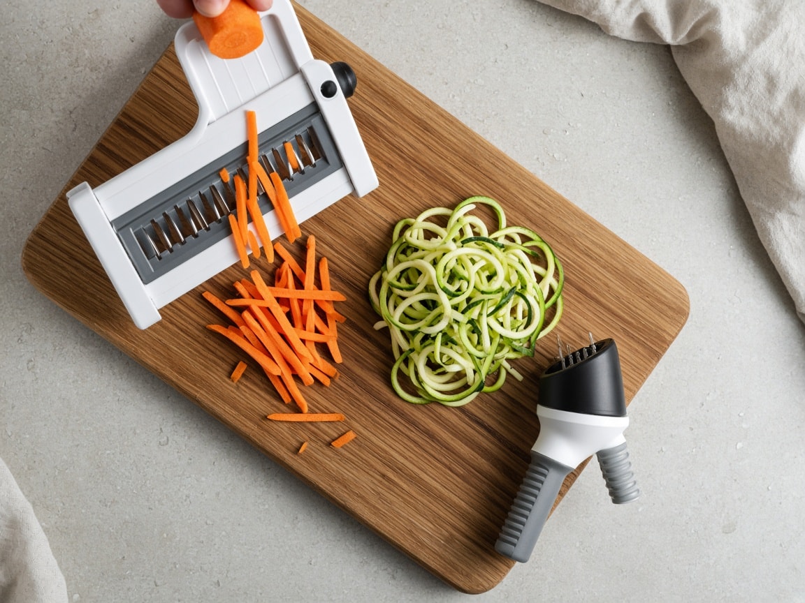 Mandolin med julienne-strimler og spiraliseret squash på bræt