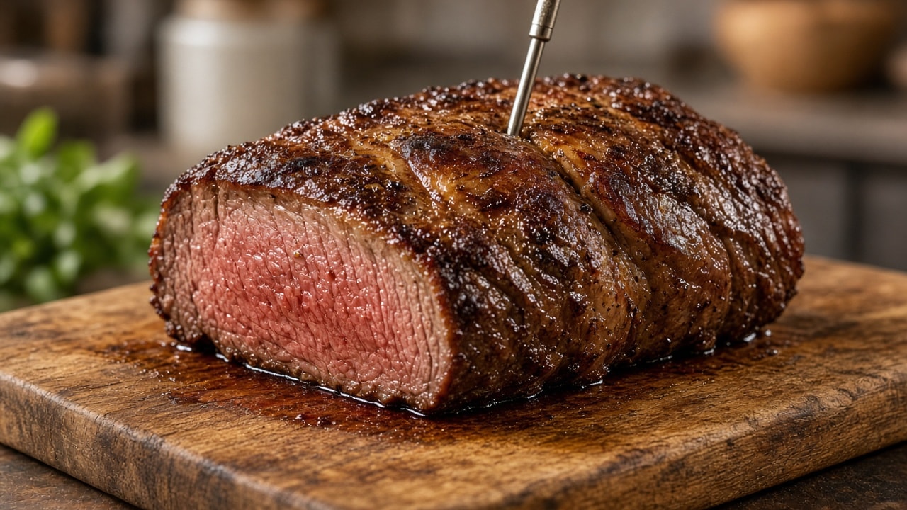 Stegetermometer i tyk steg under hvile efter grill