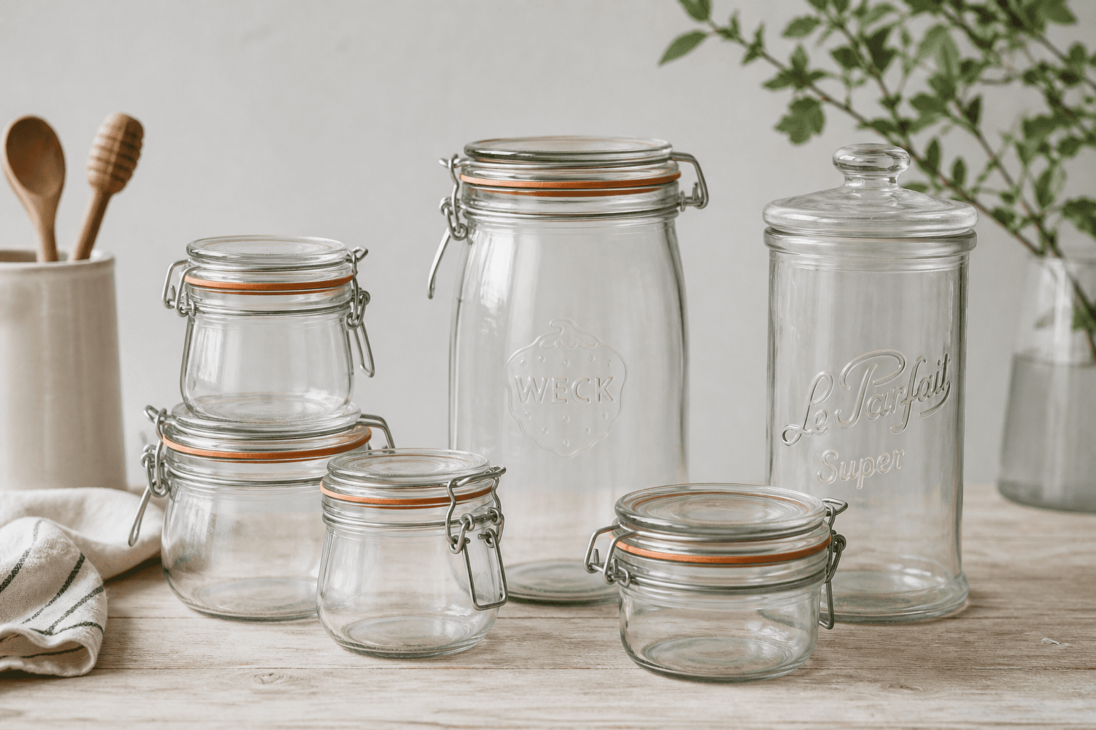 Patentglas og sildekrukker på bord