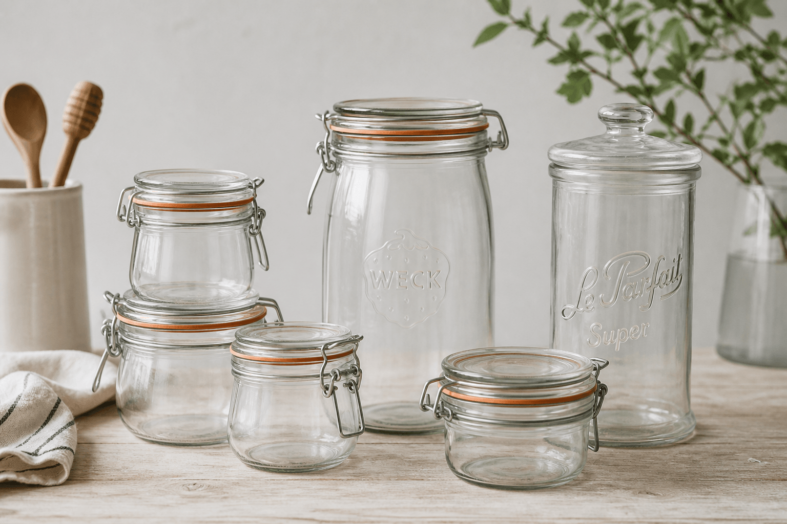 Patentglas og sildekrukker på bord