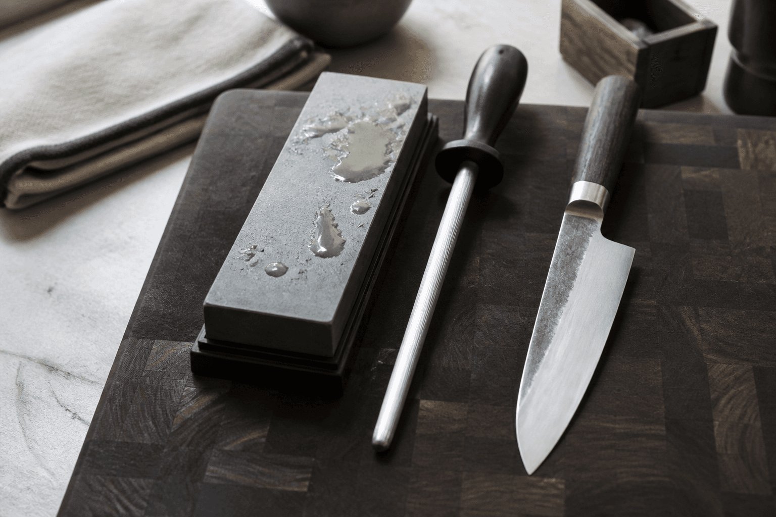 Slibesten og strygestål med kniv