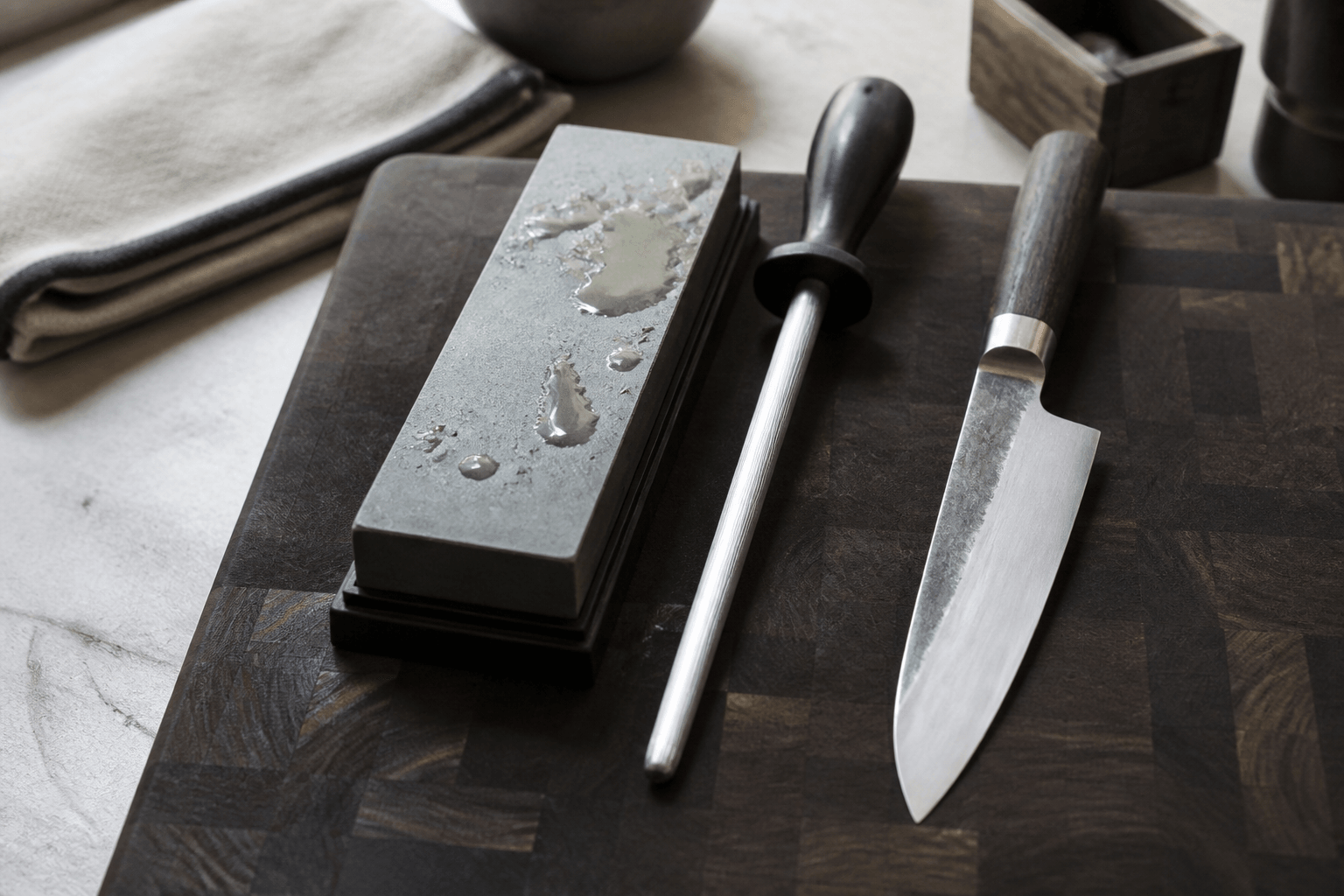 Slibesten og strygestål med kniv