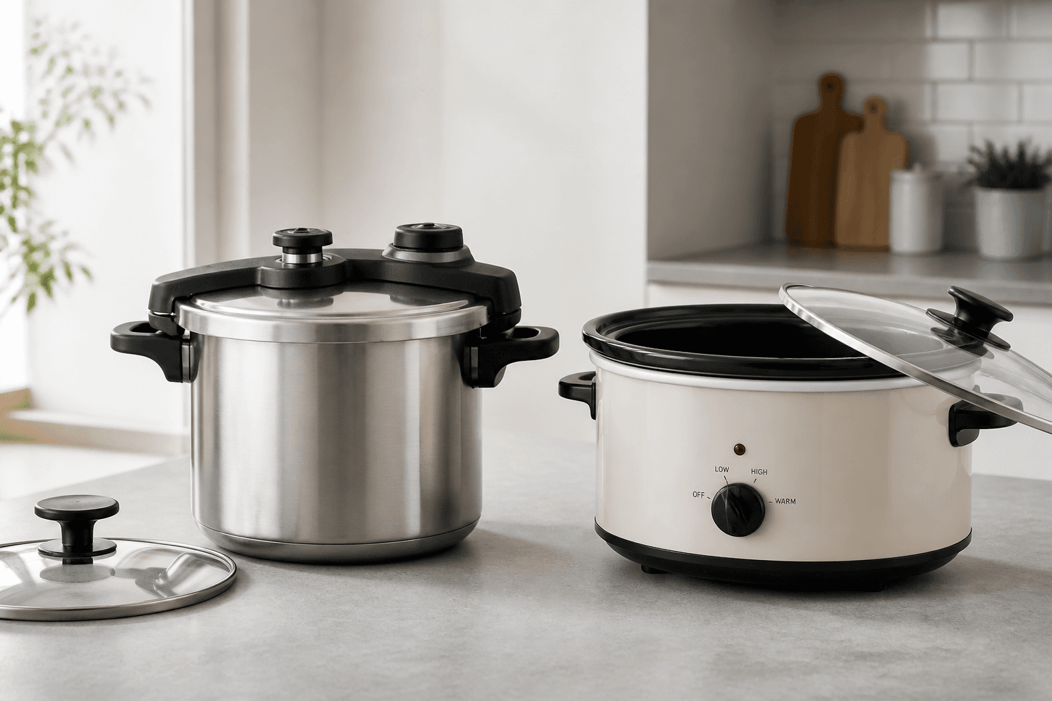 Trykkoger og slow cooker på køkkenbord