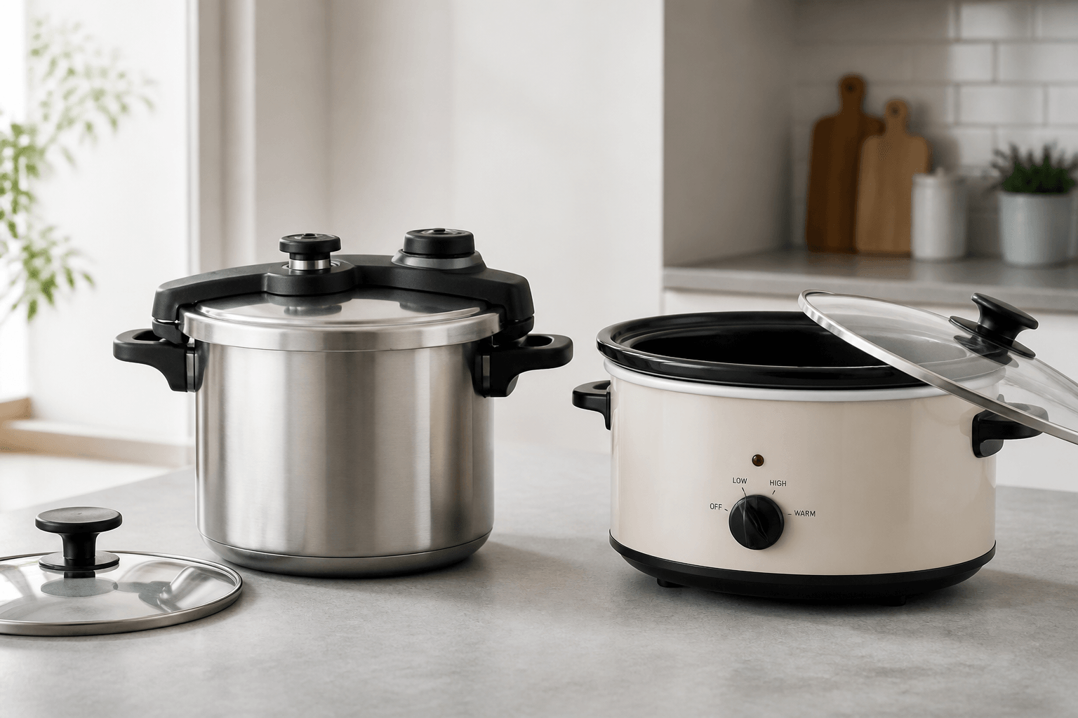 Trykkoger og slow cooker på køkkenbord