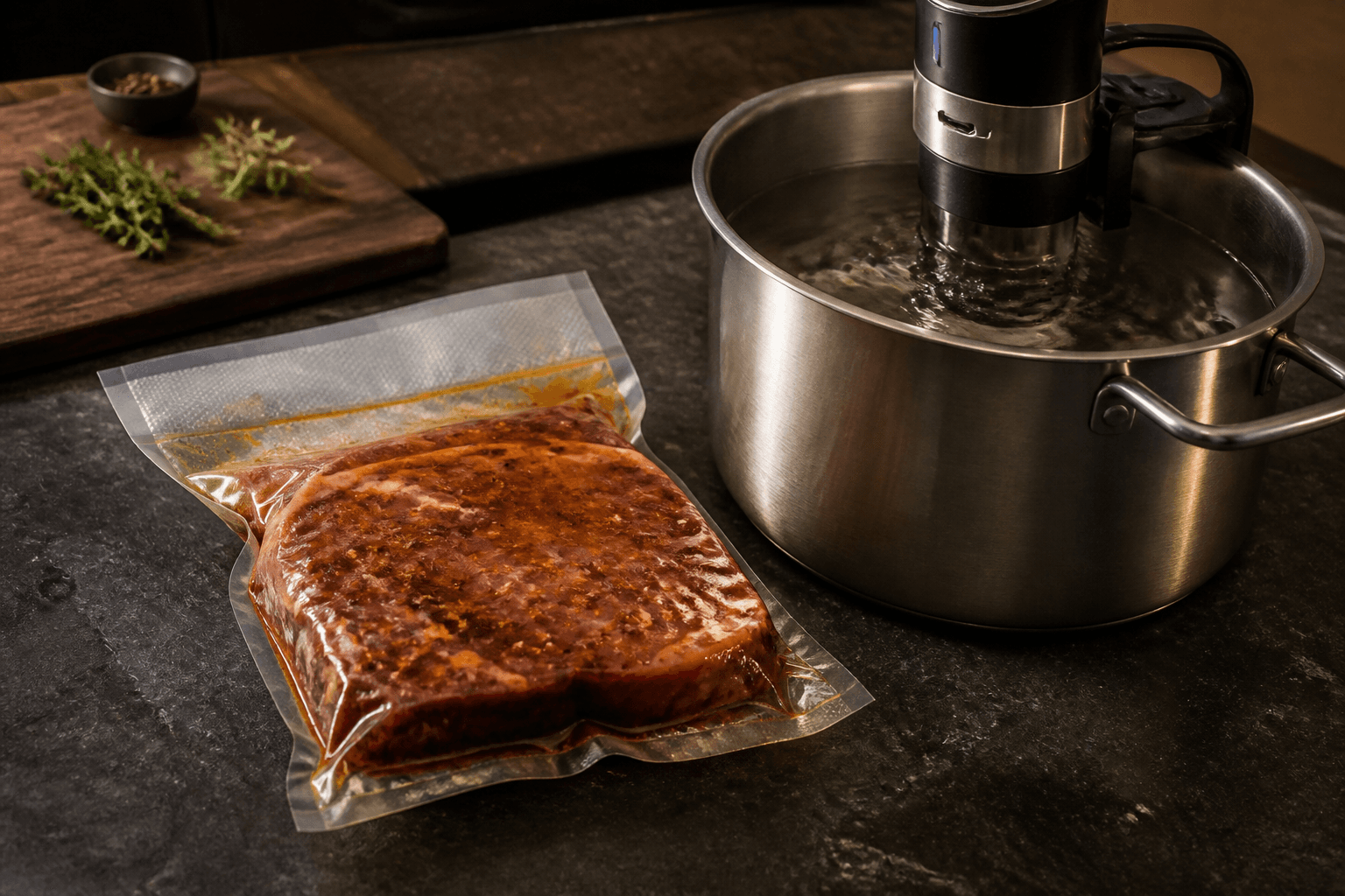 Vakuumpose med kød ved sous vide-kar