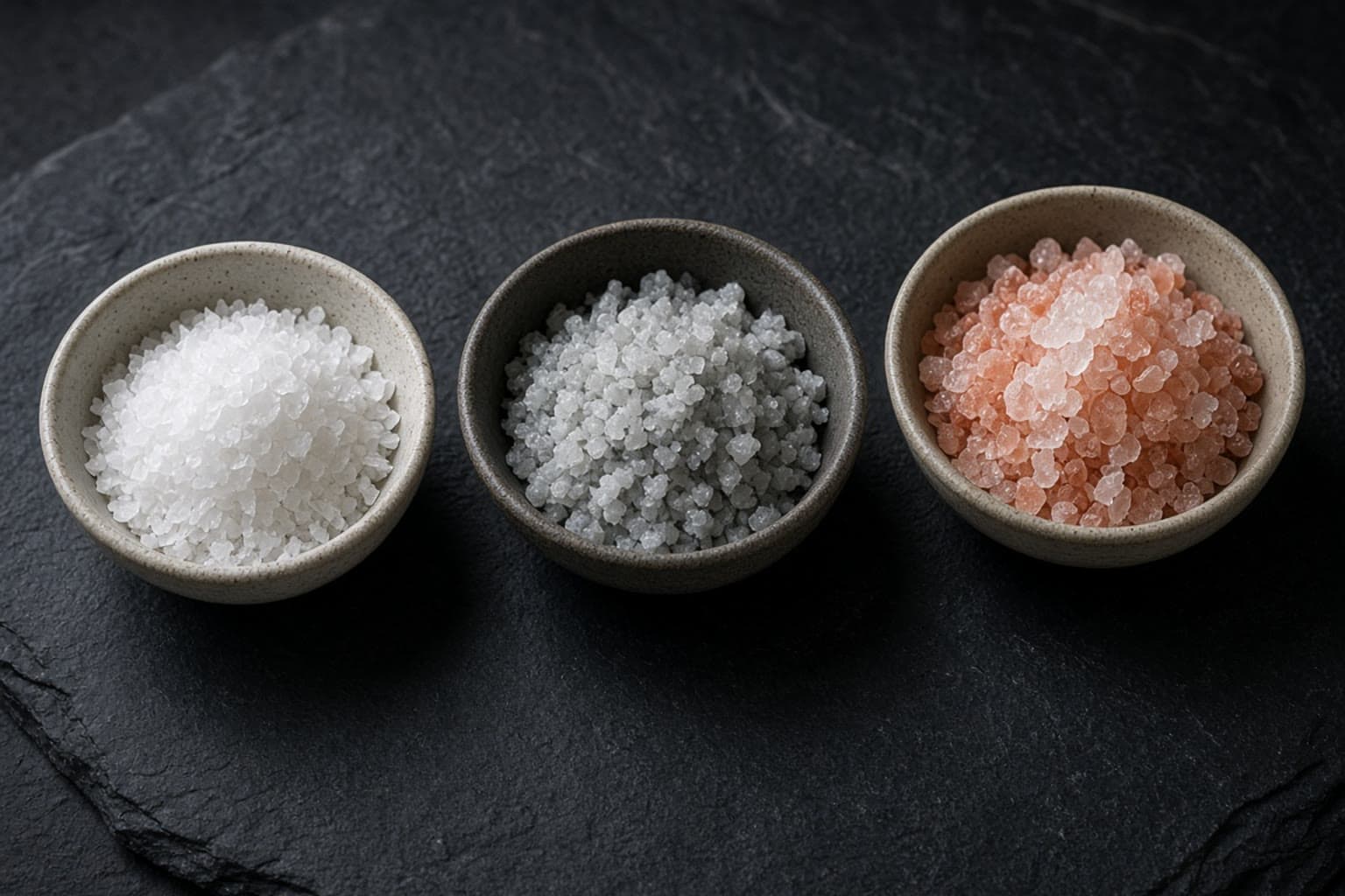 Tre salttyper i skåle: flagesalt, gråt havsalt og lyserødt Himalayasalt