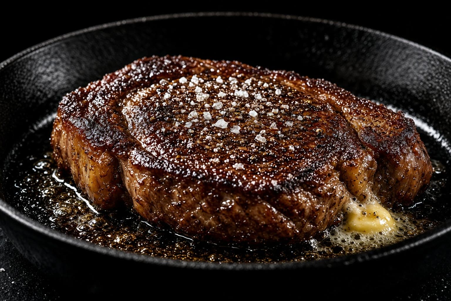 Ribeye stegt i støbejernspande med flagesalt