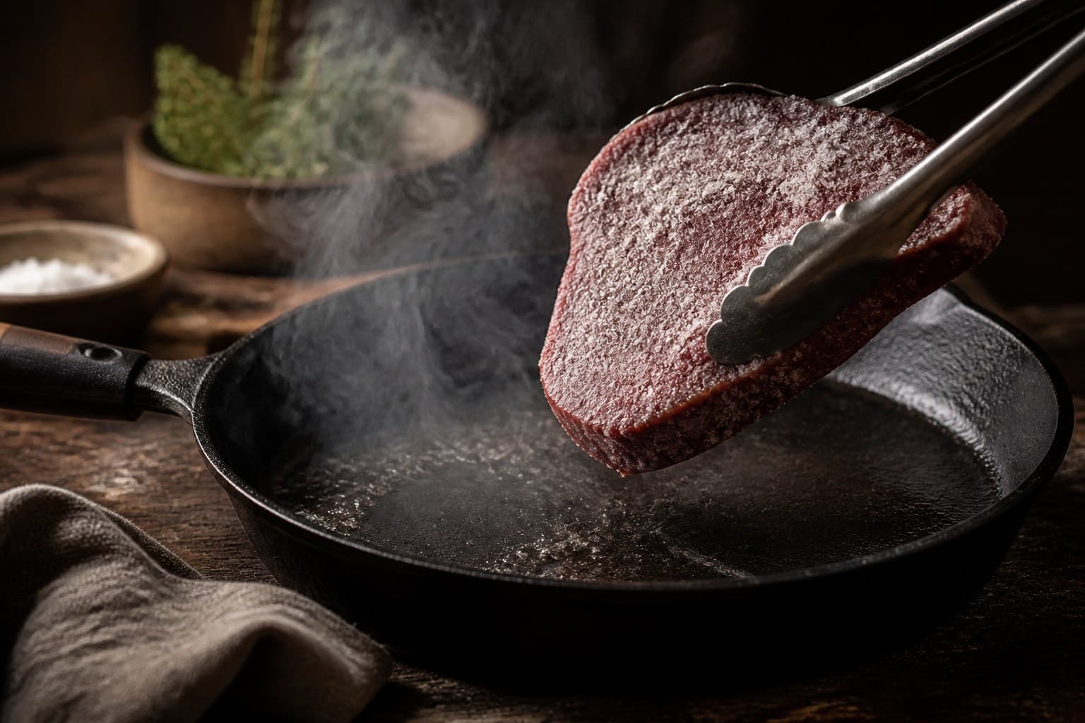 Frossen steak på varm pande