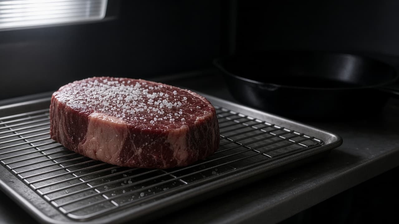 Ribeye med saltkrystaller på rist klar til dry-brining