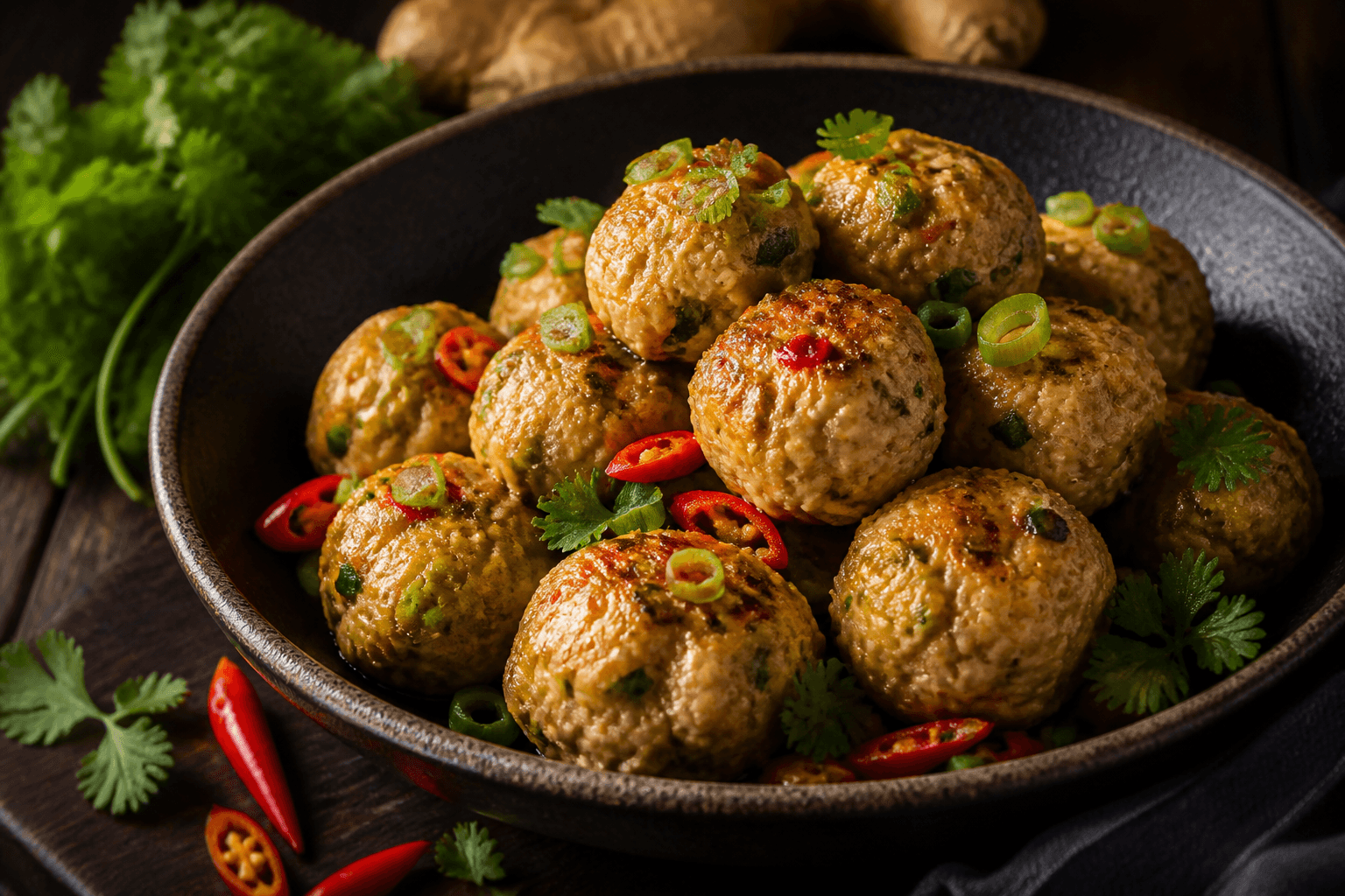 Asiatiske kyllingefrikadeller med ingefær og chili