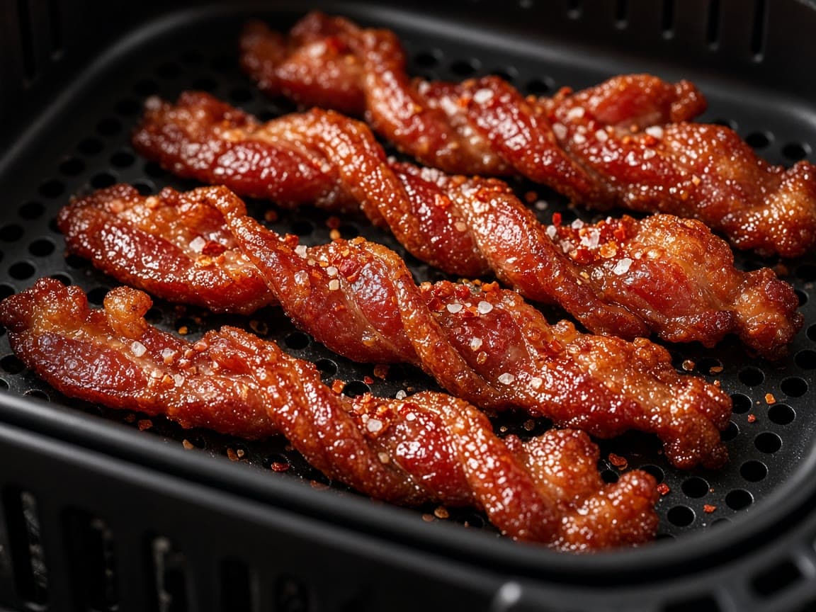 Sprøde snoede bacon-twists med chiliflager fra airfryer