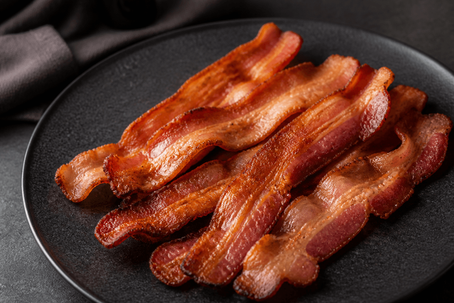 Sprødt bacon stablet på mørk tallerken