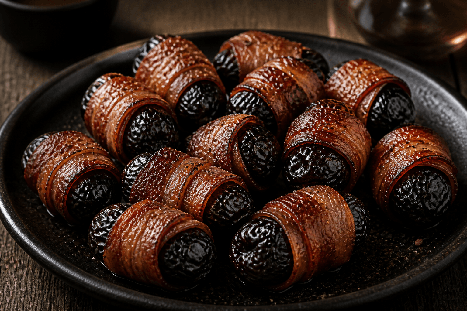 Baconsvøbte svesker på tallerken med peber