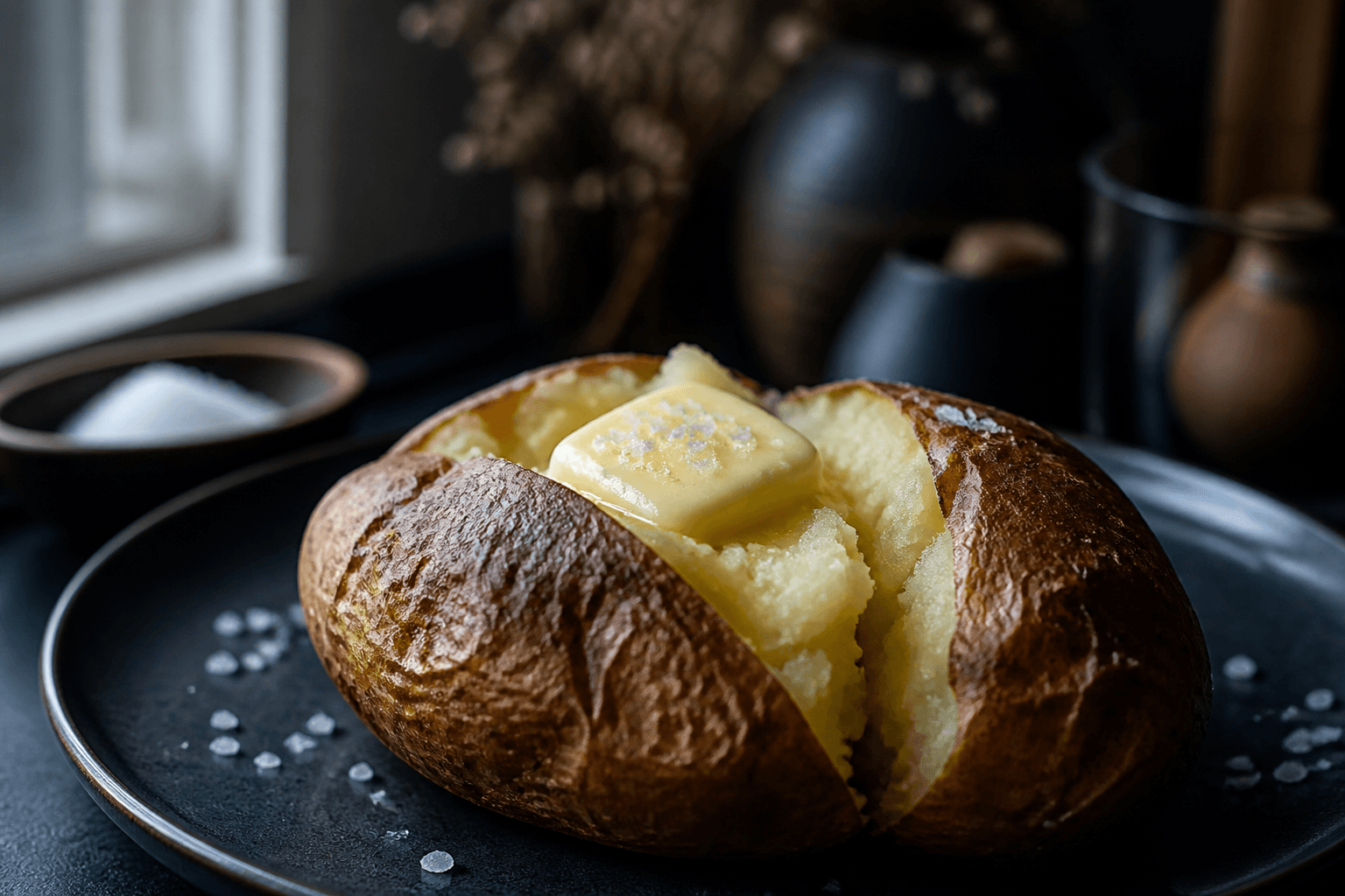 Bagekartoffel skåret op med smør