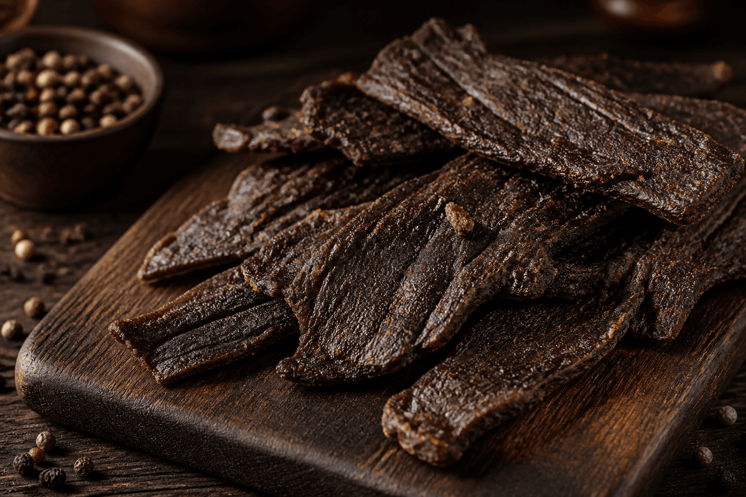Hjemmelavet beef jerky-strimler på mørkt træbræt