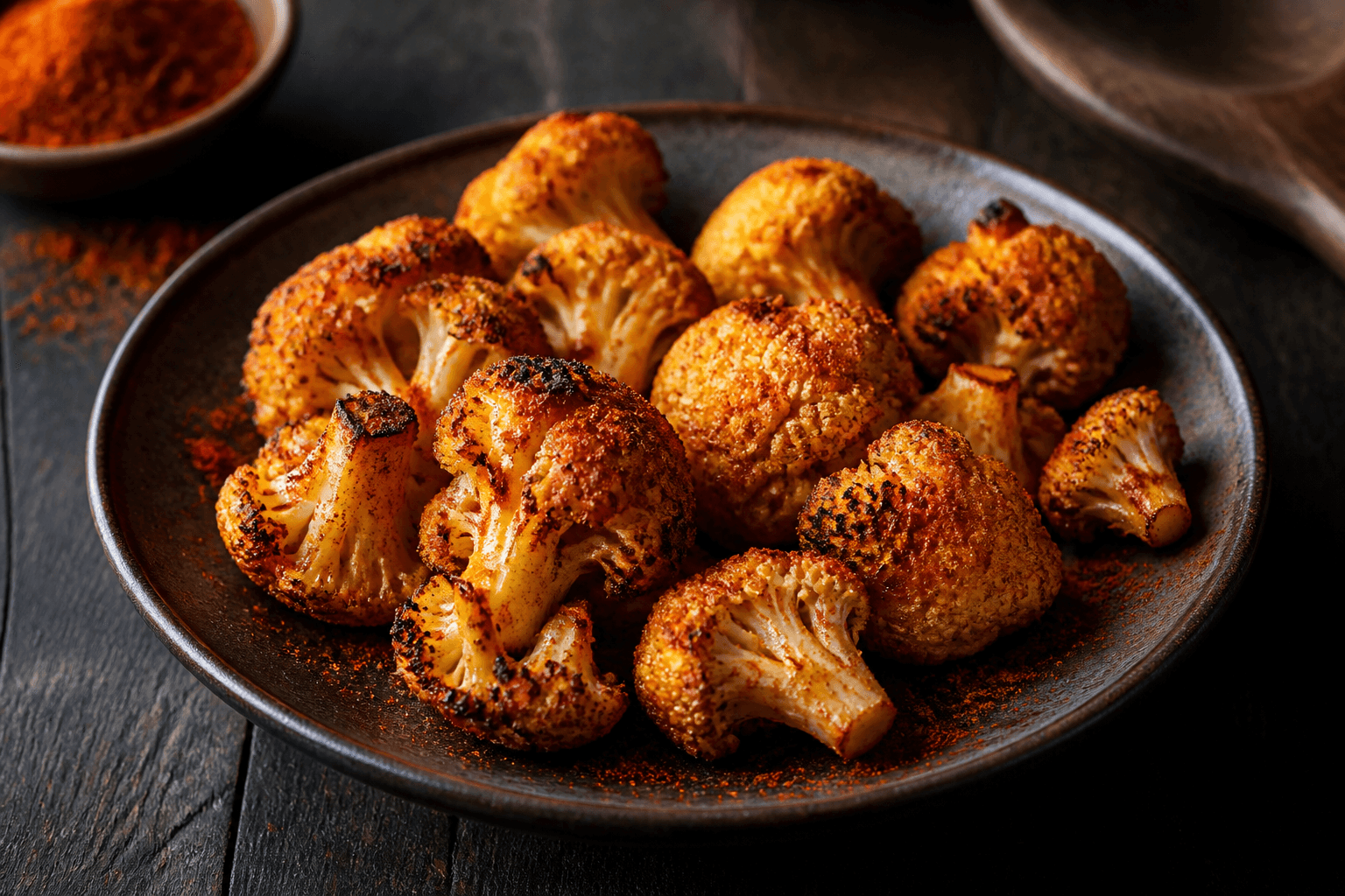 Ristede blomkålsbuketter med paprika på mørk tallerken