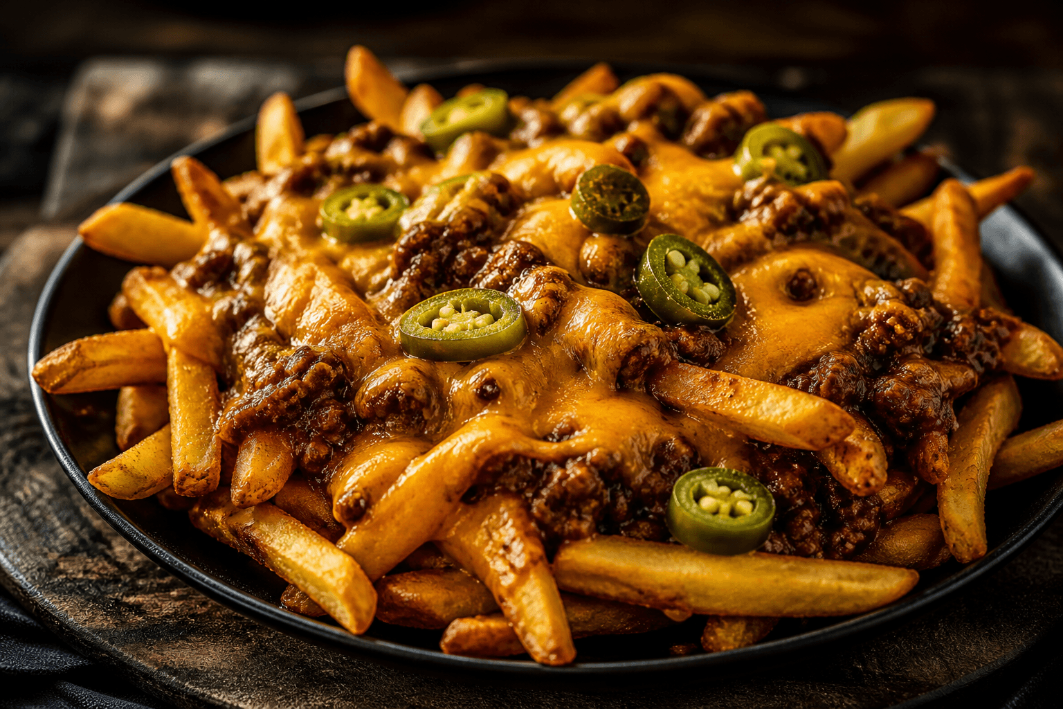 Chili-cheese pommes frites med jalapeños og smeltet cheddar