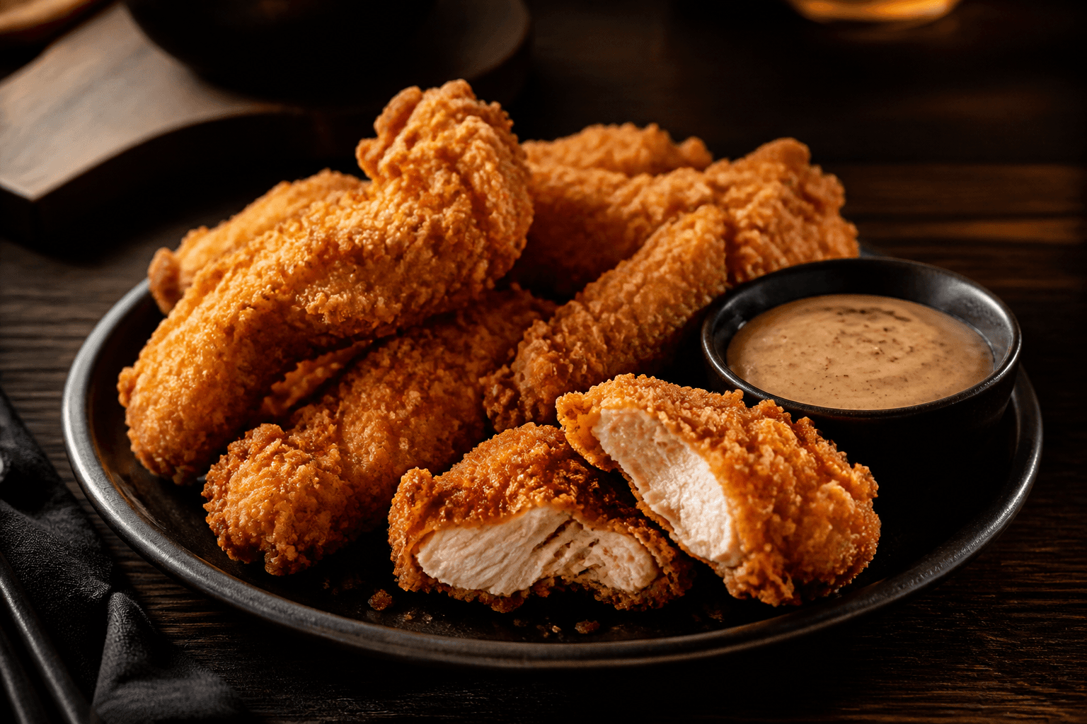 Sprøde chicken tenders med knasende panering på mørk tallerken med dip