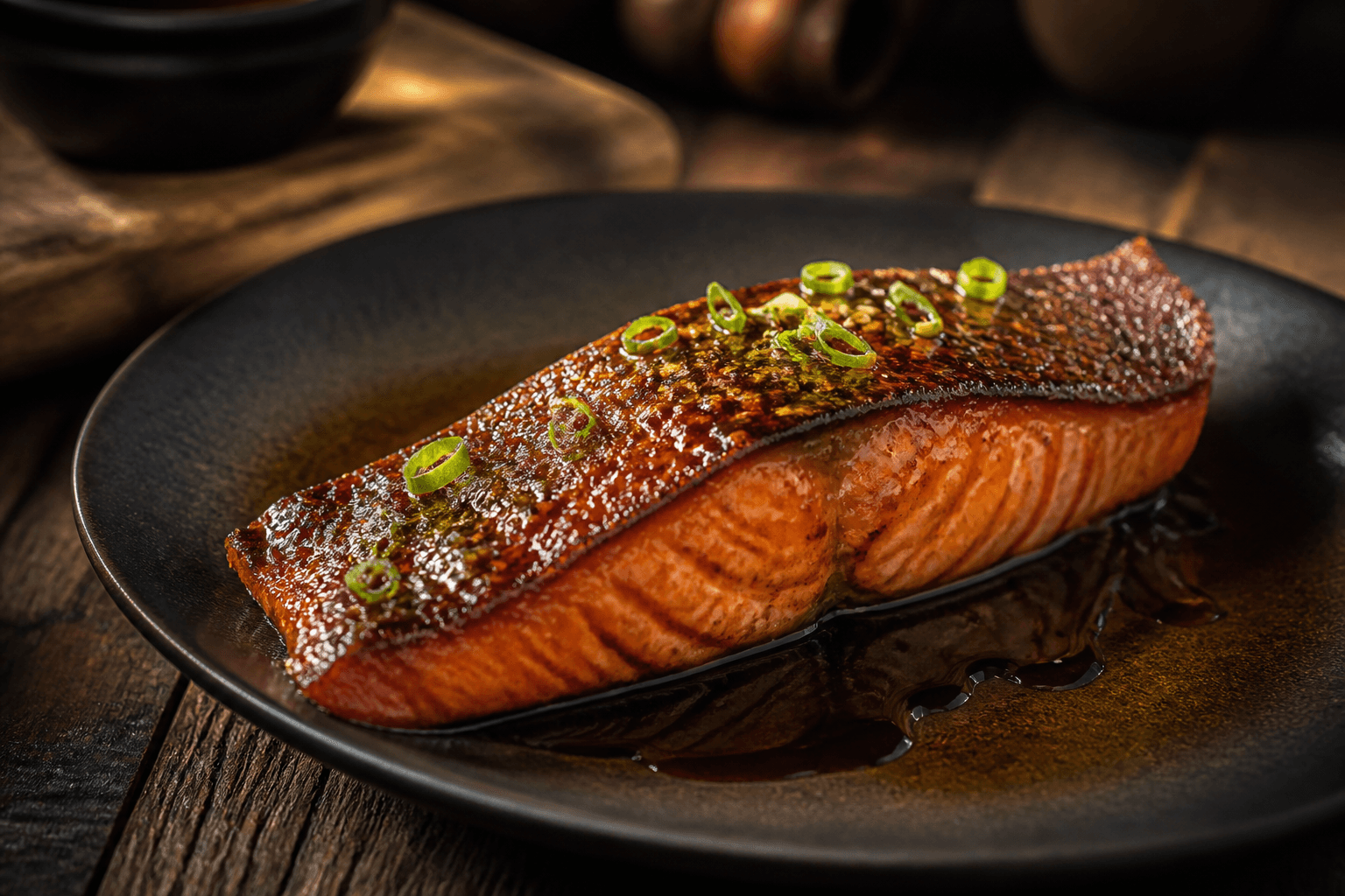 Laks med sprødt skind og teriyaki-glace på mørk tallerken