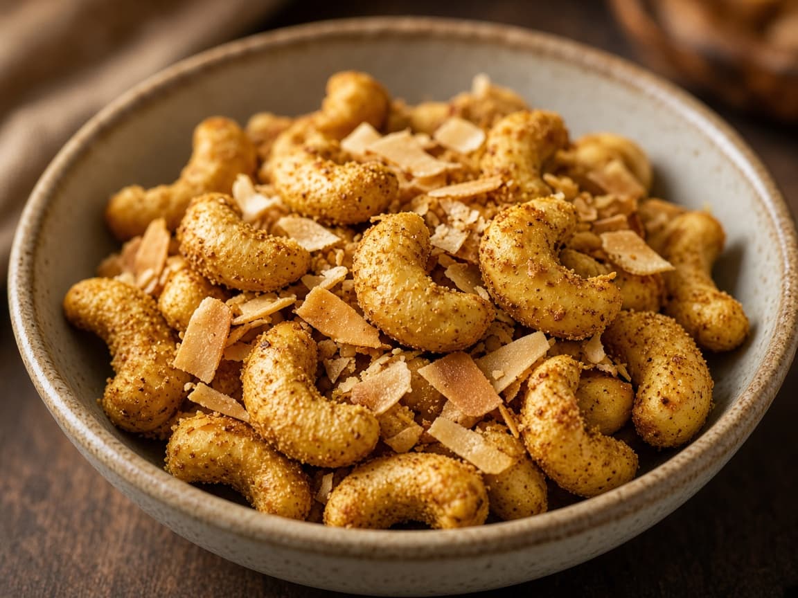 Curry- og kokosristede cashewnødder