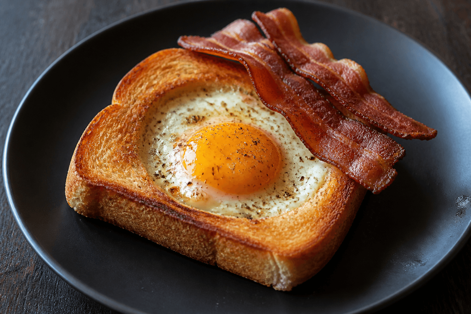 Egg toast med æg i midten og bacon