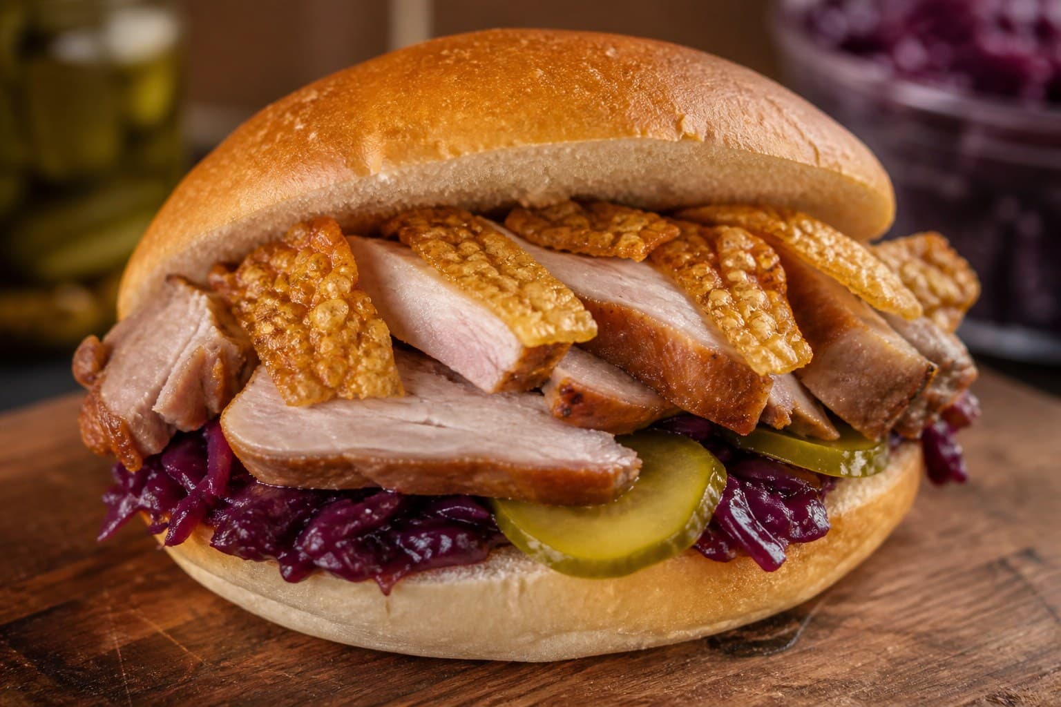 Flæskestegssandwich med sprøde svær, rødkål og agurkesalat