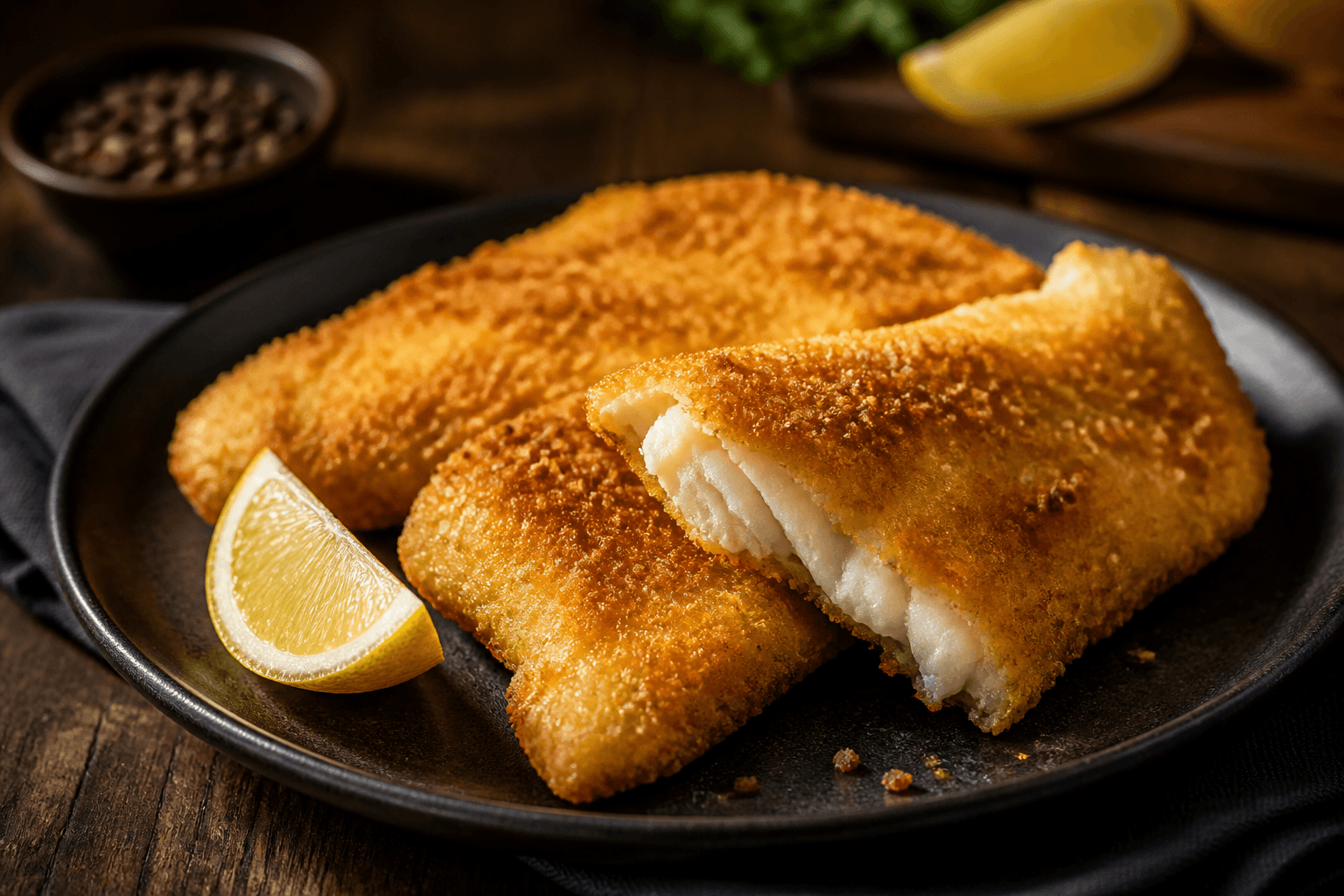Sprøde frosne panerede fiskefileter med citron på mørk tallerken