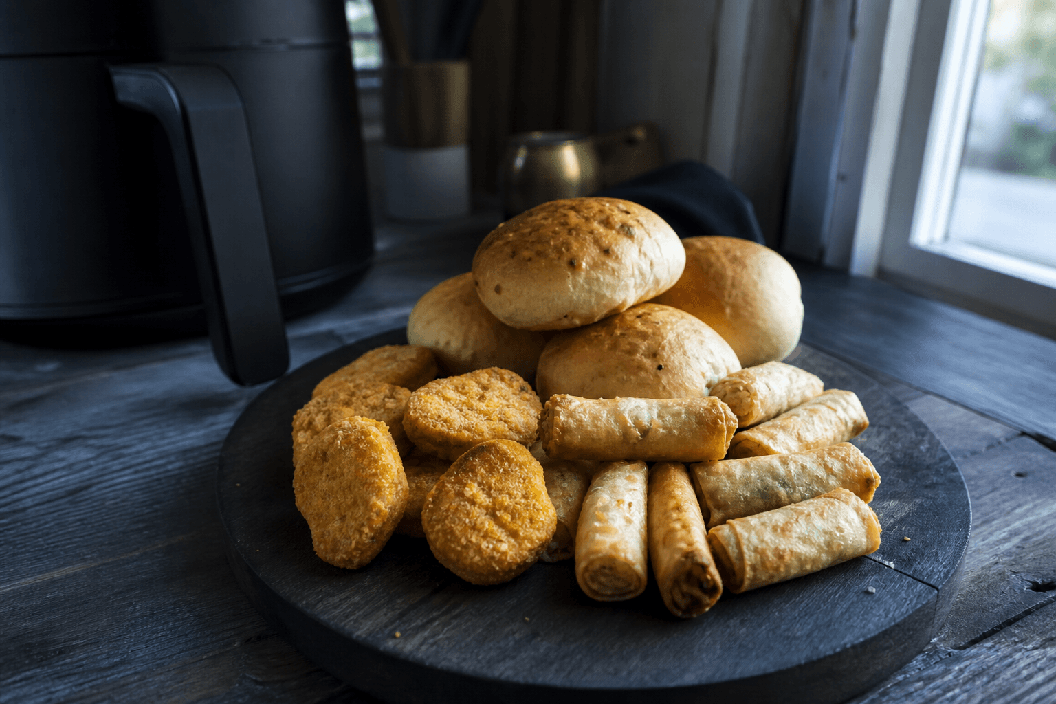 Frosne forårsruller, nuggets og rundstykker bagt i airfryer