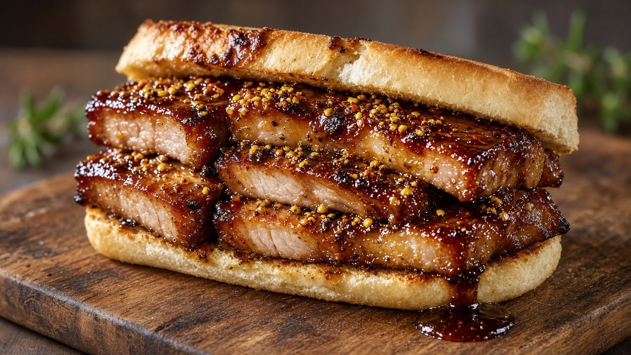 Glaserede skiver svinebryst med karamelliseret rub til sandwich