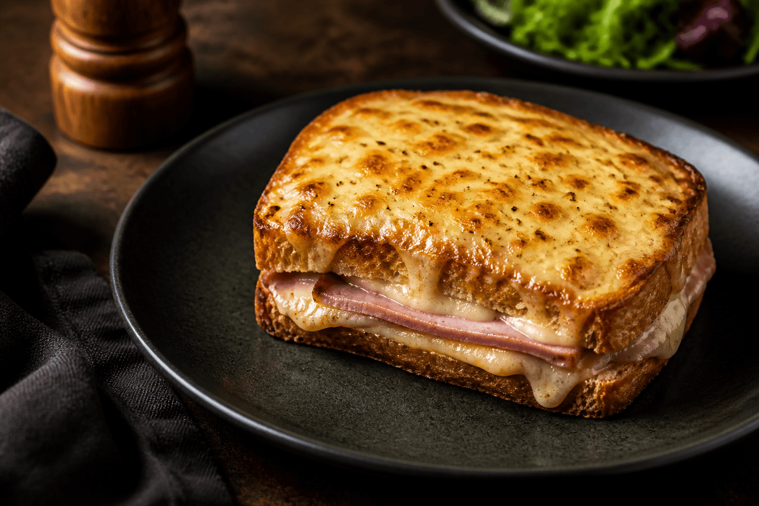 Croque monsieur med gylden osteskorpe på mørk tallerken