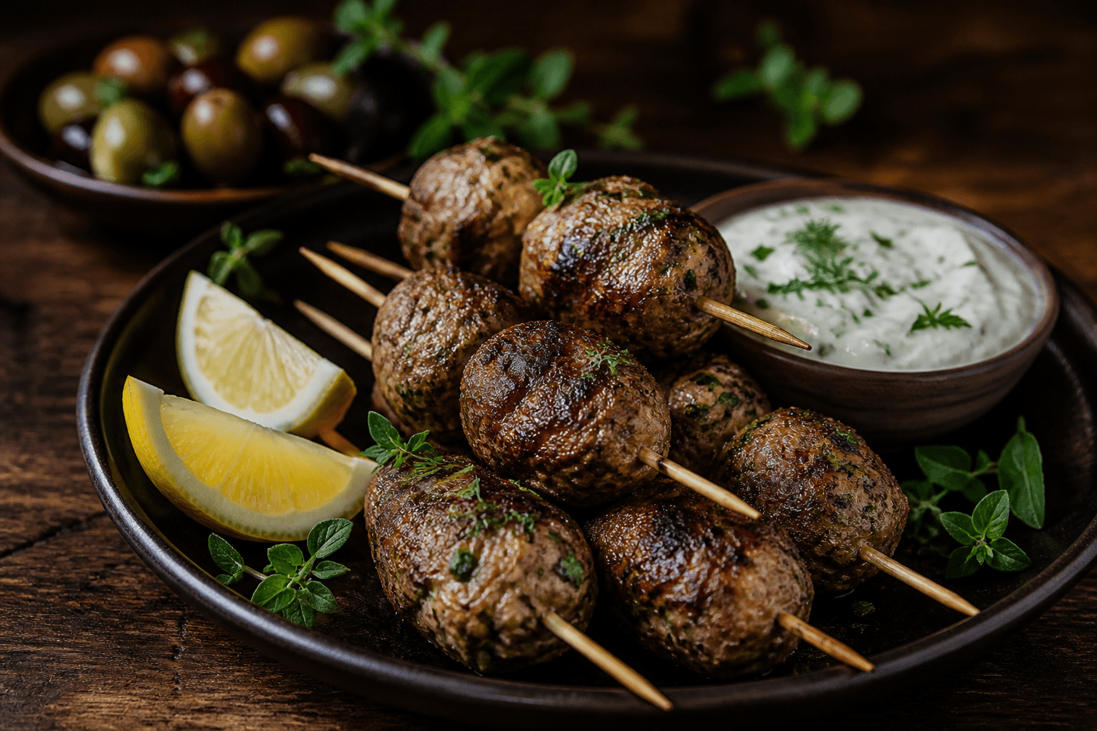 Græske frikadeller på spyd med tzatziki på mørk tallerken