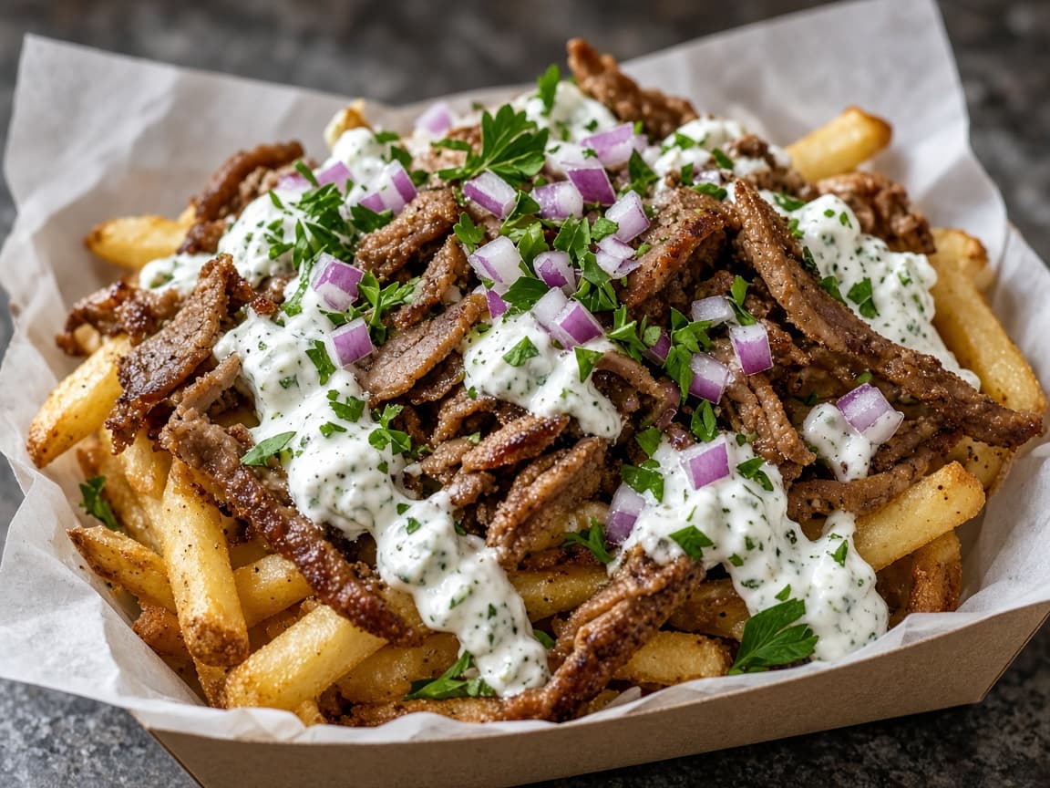 Gyros-style loaded frites med kød, rødløg og tzatziki