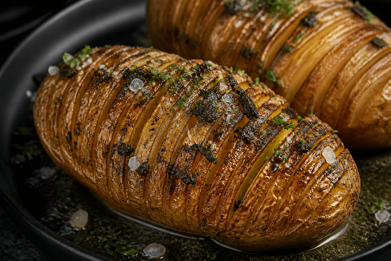 Hasselback-kartofler med smeltet trøffelsmør i rillerne