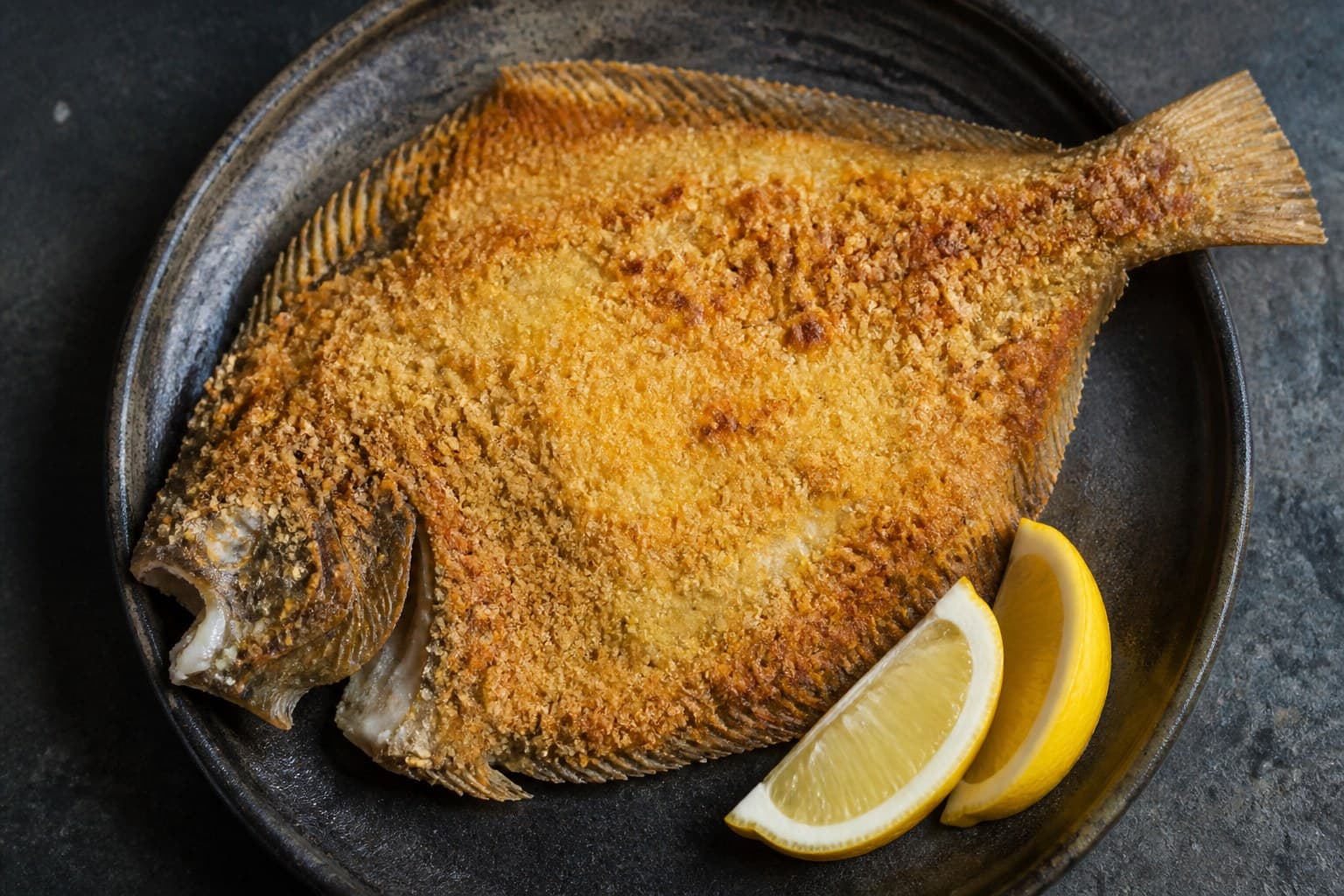 Helstegt rødspætte med gylden panko-panering og citron