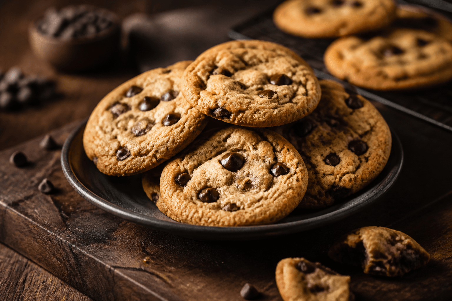 Hurtige bager-cookies med chokolade på mørkt træbord