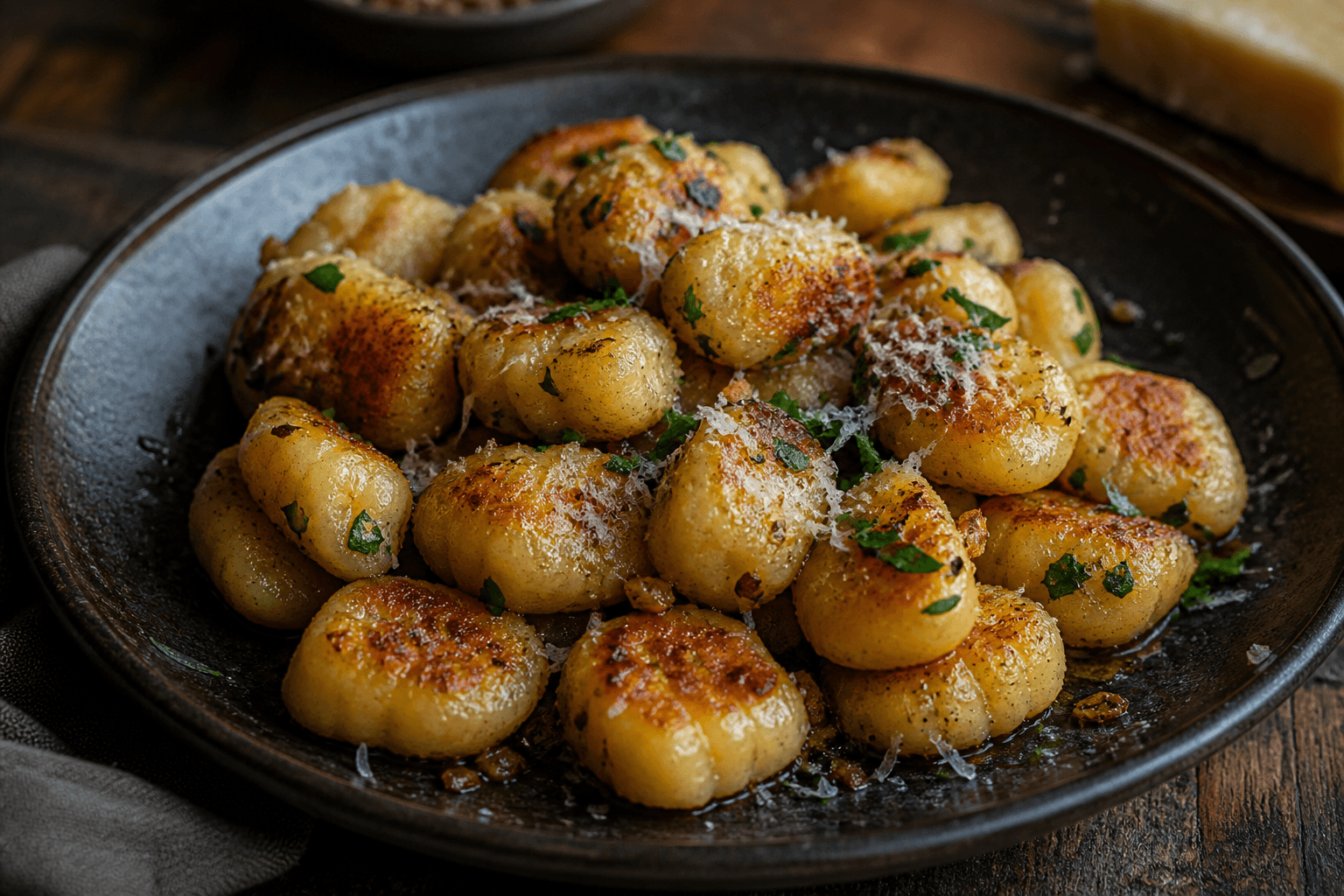 Sprøde gnocchi med hvidløg og parmesan på mørk tallerken