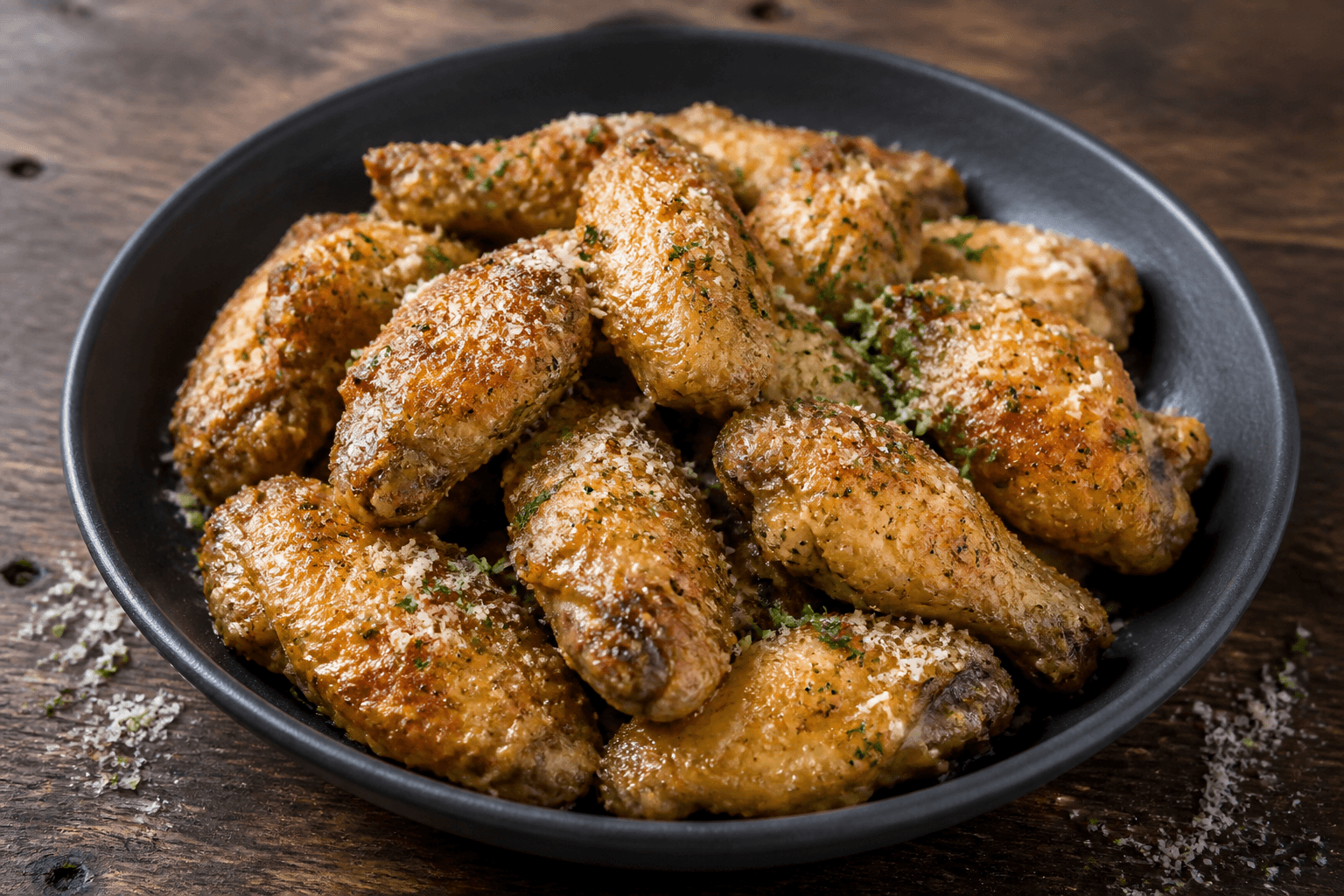 Sprøde kyllingevinger med hvidløg og parmesan på mørk tallerken