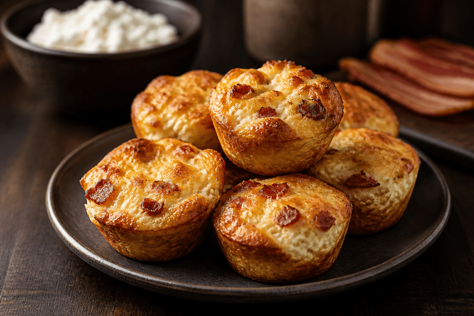 Hytteost-muffins med kalkunbacon på mørk tallerken
